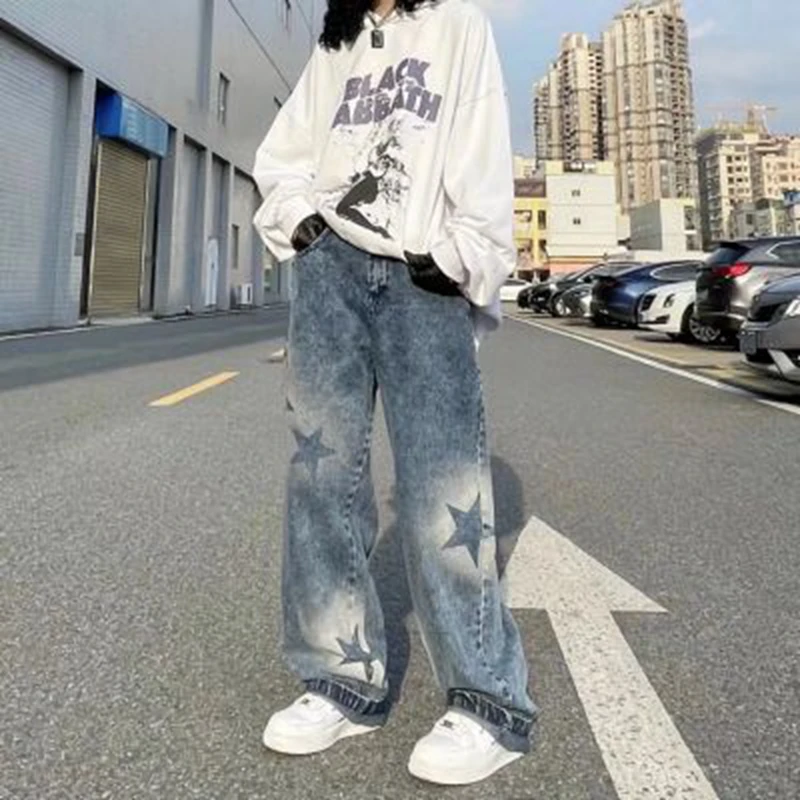 Prajené vzorové džínsy High Street Loose Straight Dámske nohavice letné príležitostné ulice hip hop ženy džínsy 2023 Y2K nohavice