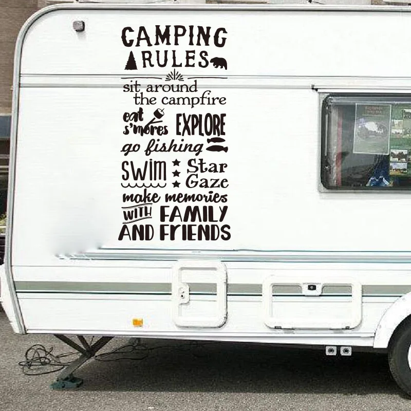Pravidlá kempingu Camper Trailer Wall Sticker Adventure Travel Travel Explore Family Friend Inšpiratívna citácia nástenná obtisia detská izba Vinyl