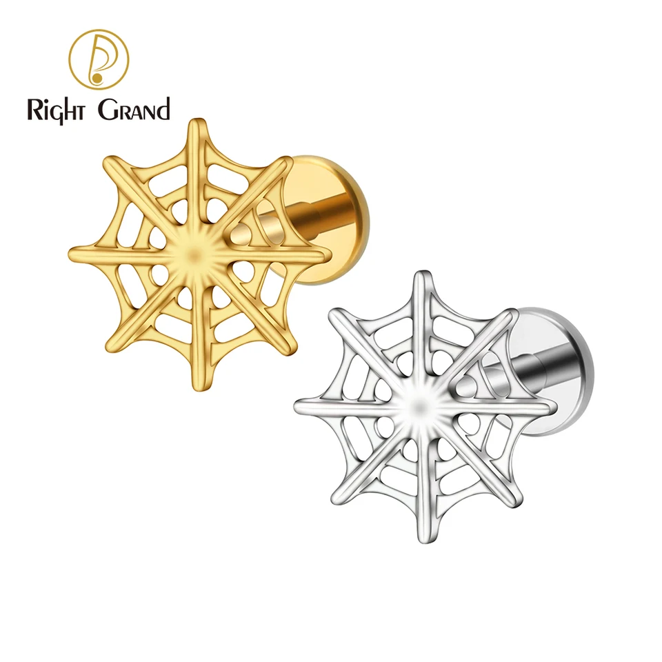 Pravá Grand ASTM F136 Titanium 16g Spider Web Stud náušnice chrupavka Tragus helix conch uší lalok plochý piercing halloween šperky