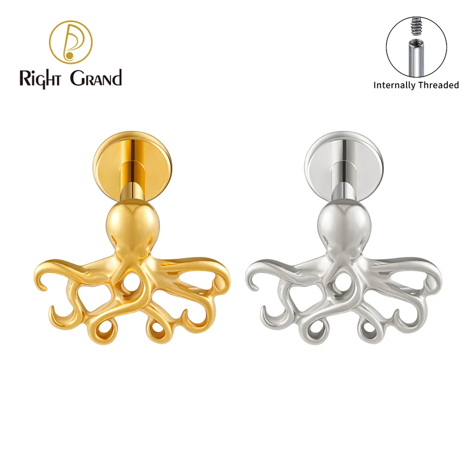 Pravá Grand ASTM F136 Titánska chobotnica chrupavka Chrupavka Náušnice Tiny Ocean Fish Flat zadný zadný nosový nos Helix Stud Piercing Body Šperky