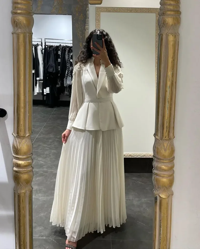 Prašné večerné šaty šifón dlhé rukávy plesové šaty korálky skladané párty šaty špeciálne banket klub Vestidos de fiesta