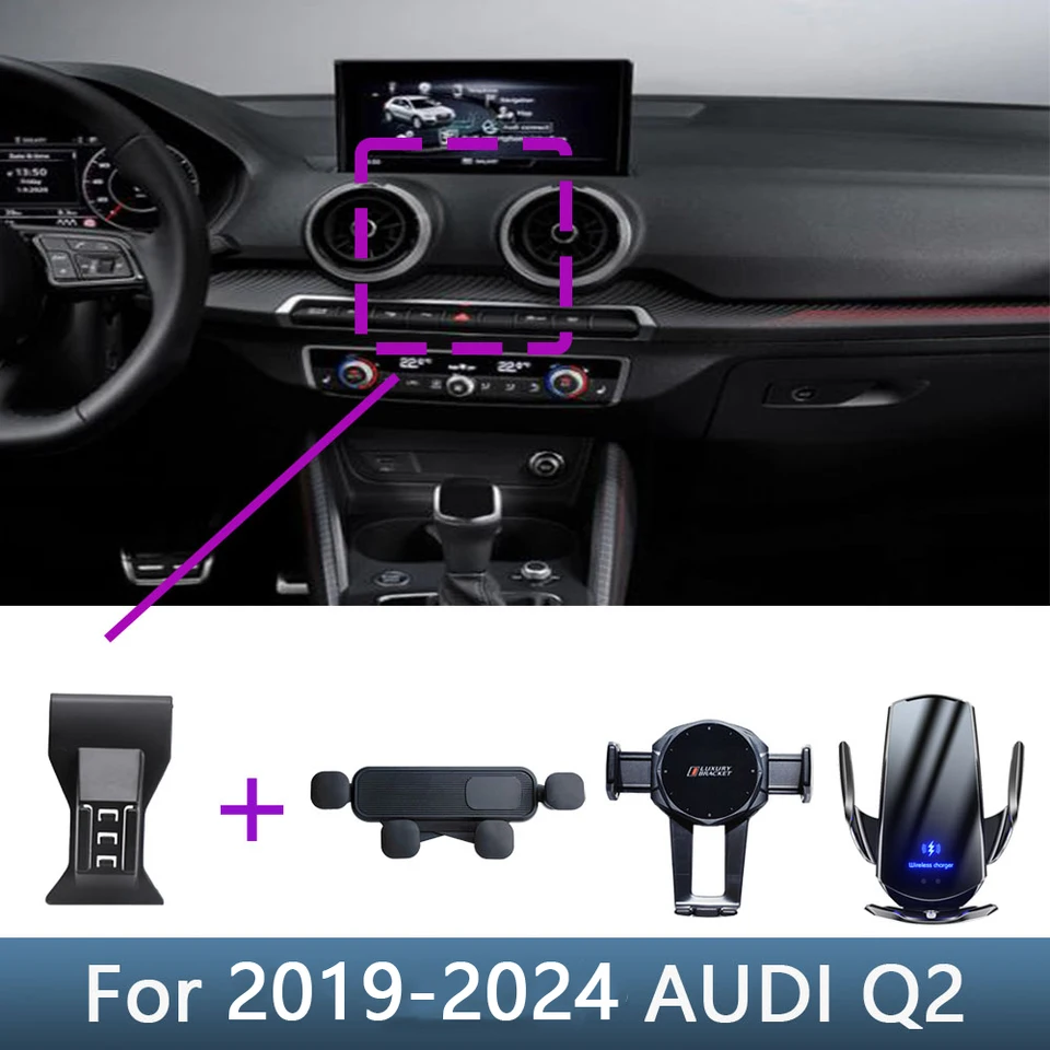 Pre Audi Q2 2019 2020 2021 2022 2023 2024 Držiak telefónu automobilov Špeciálna pevná zátvorka Základná základňa bezdrôtového nabíjania Interiérové ​​príslušenstvo