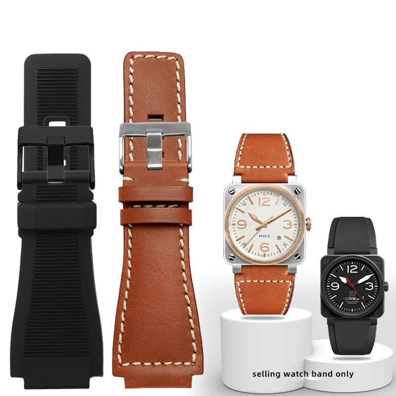Pre Bell Ross B&R BR-01 BR-03 Men Originálne kožené hodinky Cowhide 35-24 mm konvexný silikónový gumový vodotesný náradie na hodinky