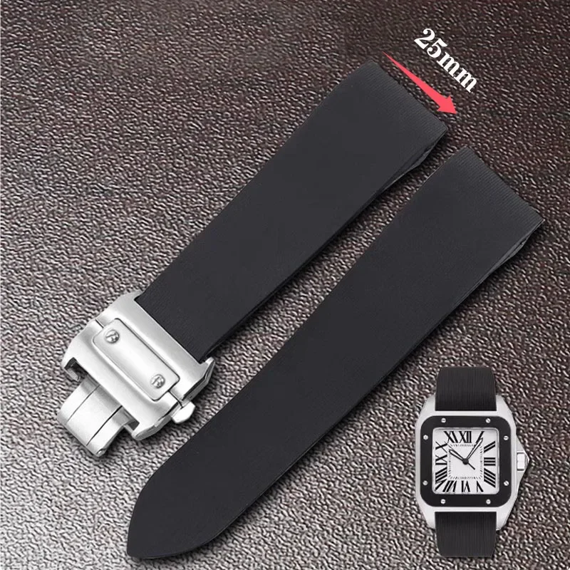 Pre Cartier Santos 100 W2020007 Vodotesné gumové hodinky remienok 25 mm čierny mäkký silikón z nehrdzavejúcej ocele hodinky na hodinky