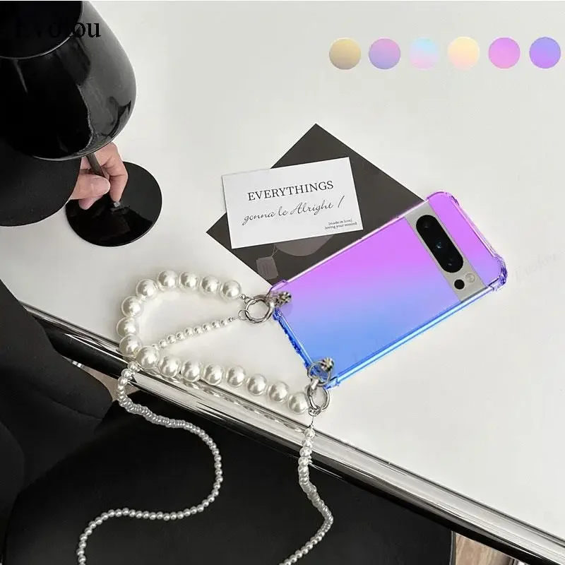 Pre Google Pixel 9 Pro XL Pearl Chain Crossbody Lanyard puzdro pre Pixel 8a 7 Pro Rainbow Gradient Soft Shock odolný voči nárazu TPU