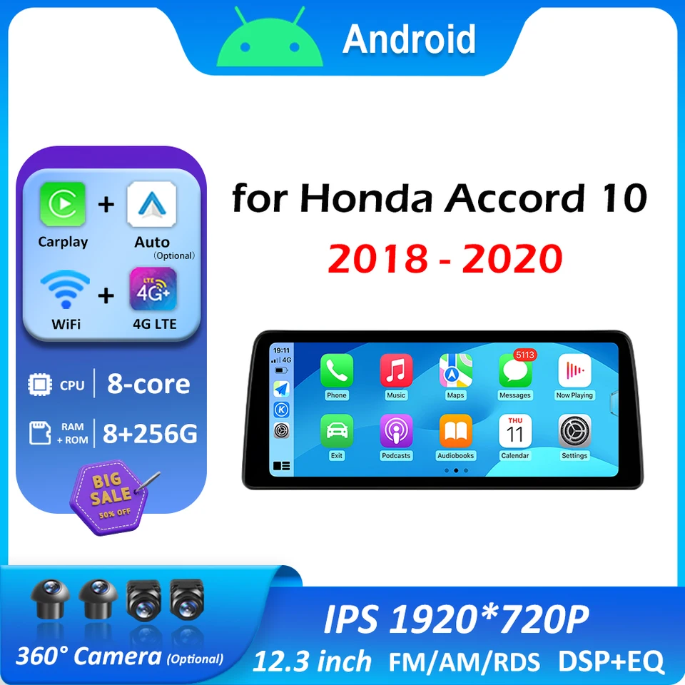 Pre Honda Accord 10 2018 2019 - 2020 Android Smart System 12,3 palca dotyková obrazovka Video Radio Radio Multimedia Player Head Unit 4G
