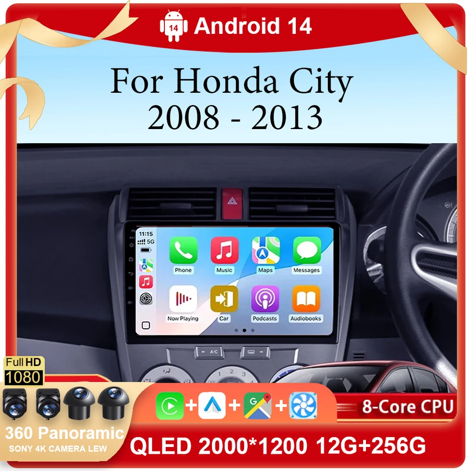 Pre Honda City 2008 - 2013 CarPlay Auto Android 14 Car Multimedia Video Player Navigation NO 2Din 2 DIN WiFi DVD GPS DSP DSP