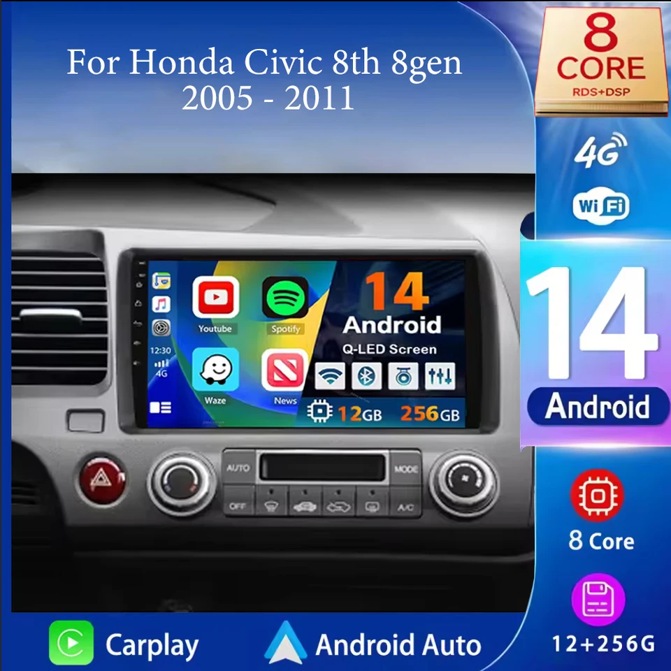 Pre Honda Civic 8. 8gen 2005 - 2011 Android 14 CarPlay Auto Car Radio Multimedia Video Player Navigation GPS No 2Din 2 DIN DVD