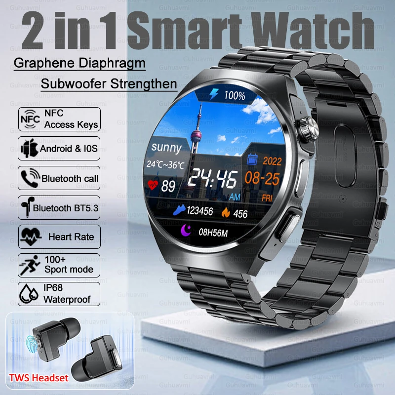 Pre Huawei 2-v-1 bezdrôtové slúchadlá Bluetooth Smartwatch NFC Dynamické monitorovanie srdcovej frekvencie Monitorovanie krvi kyslík HD Call Smart Watch Men
