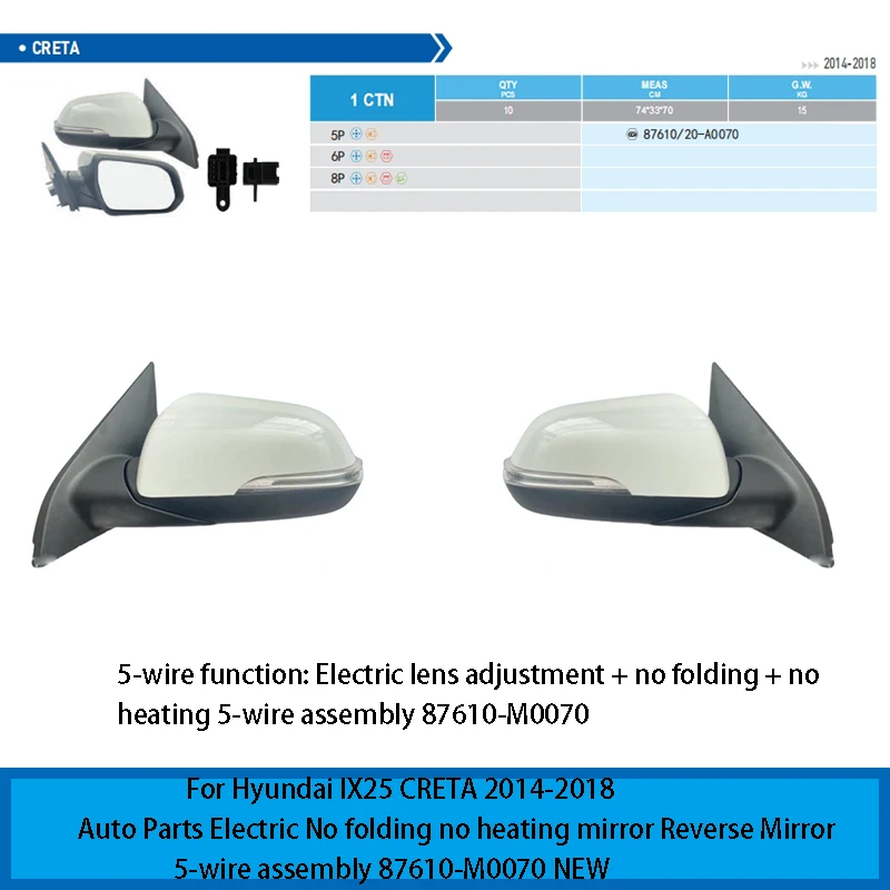 Pre Hyundai IX25 Creta 2014-2018 Automatické diely Elektrické žiadne skladanie Žiadne vykurovacie zrkadlo RECERON ZADRUŽENIE 5-Wire MONTÁŽ 87610-M0070 NOVINKA