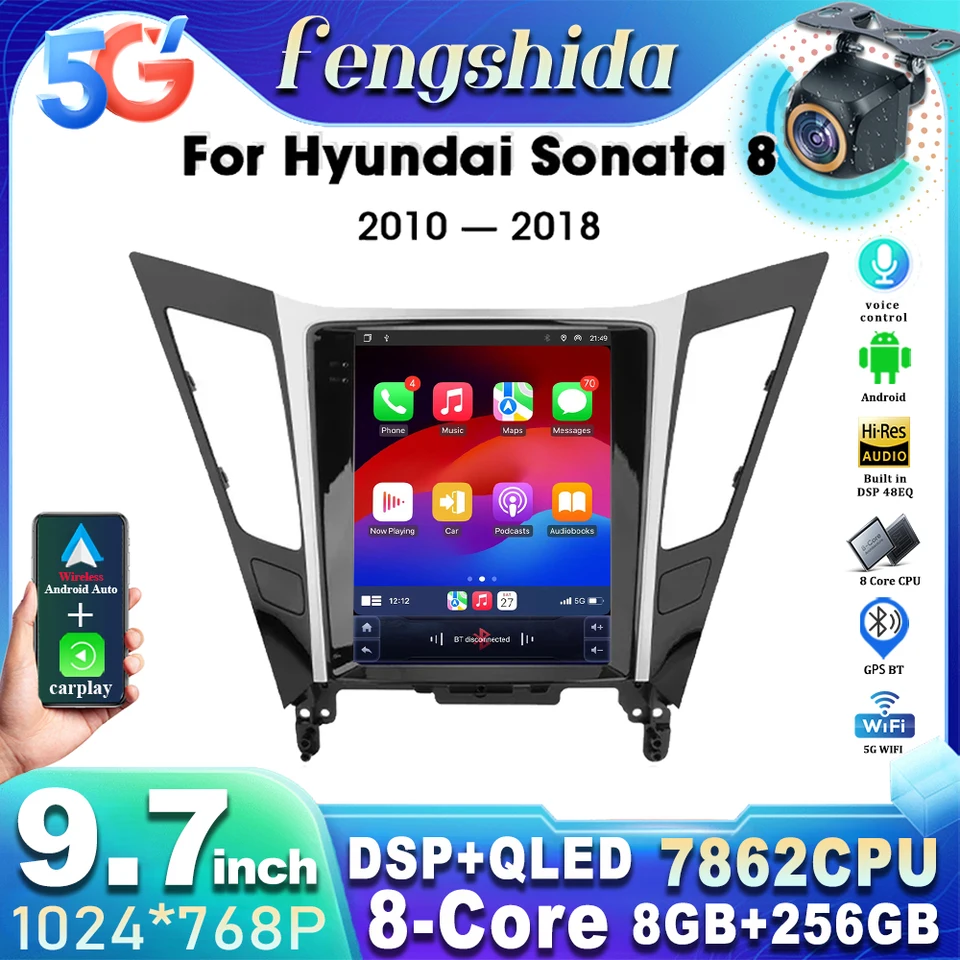 Pre Hyundai Sonata 8 YF 2010-2015 Android 14 Tesla Style 9,7-palcový automobil Android Auto Auto bezdrôtové bezdrôtové pripojenie CarPlay Radio GPS video stereo BT