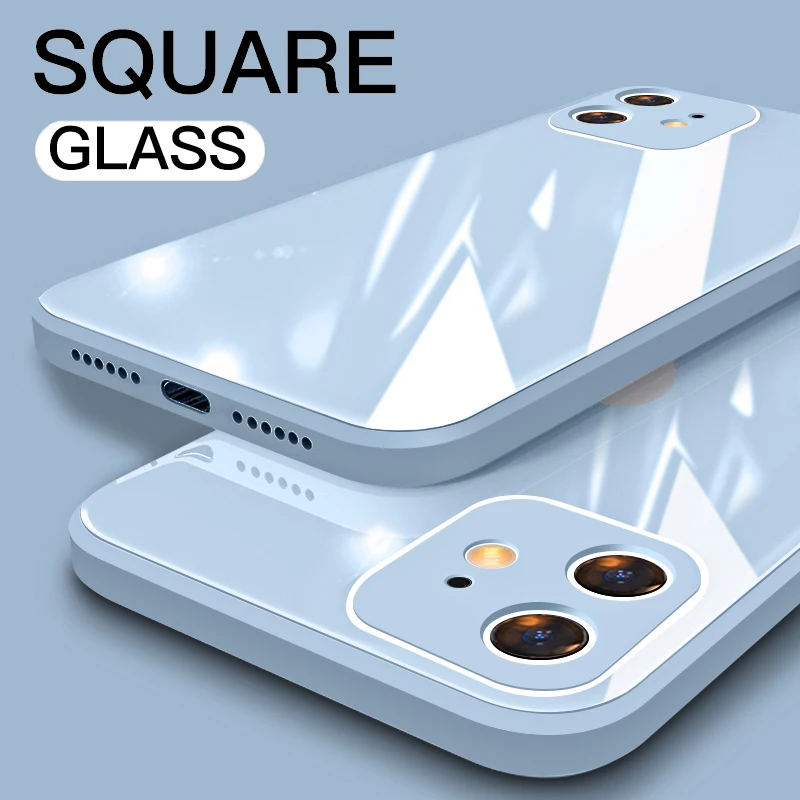 Pre iPhone 11 12 Pro Max Mini xr xs x 8 7 6 6s Plus SE 2 2020 Kvapalina kvapalina štvorcový sklenený sklenený nárazový mäkký rámec zadný kryt