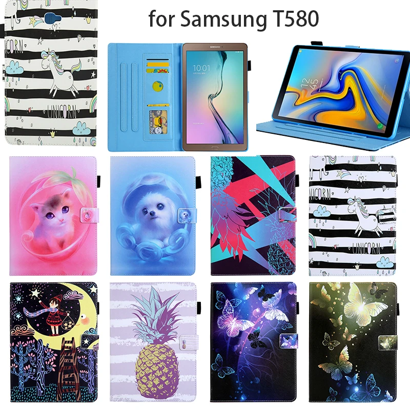 Pre kartu Samsung Galaxy Tab 10.1 T580 Stojan Cover SM-T585 T580N Gold Ananás Cat Dog