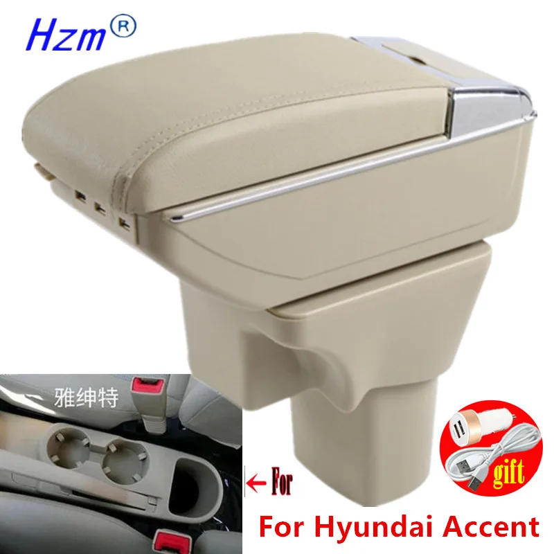 Pre krabicu na lakťové opierky Hyundai Accent pre Hyundai Accent Verna Car lakťová lakťová škatuľka Interiérová úložná skrinka s USB LED svetlami