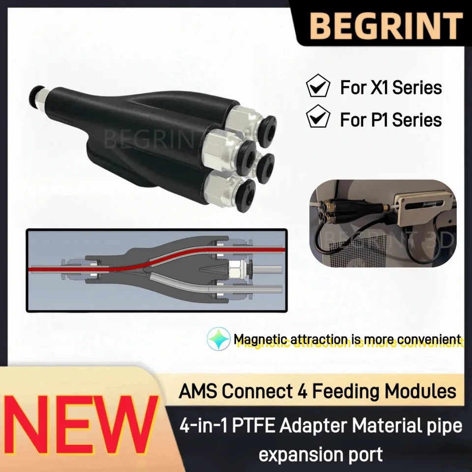 Pre laboratórium Bambu Lab 3D Tlačiareň Časť 4-v-1 PTFE Adaptér Materiál Pipe Expansion Port AMS Pripojte 4 kŕmne moduly pre X1C P1S P1P