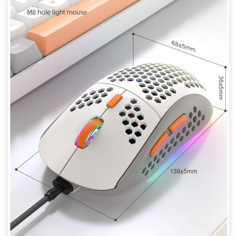 Pre M8 Ergonomic Gaming Mouse Cool Hollow Out Modelovanie káblové myš RGB osvetlenie Lightweight Mouse Farba Zodpovedajúca dizajn