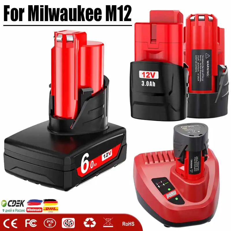 Pre nabíjateľnú batériu Milwaukee M12 3,0AH/6,0AH pre 12 V bezdrôtové nástroje 48-11-2402 48-11-2411 48-11-2401 MIL-12A-LI+nabíjačka