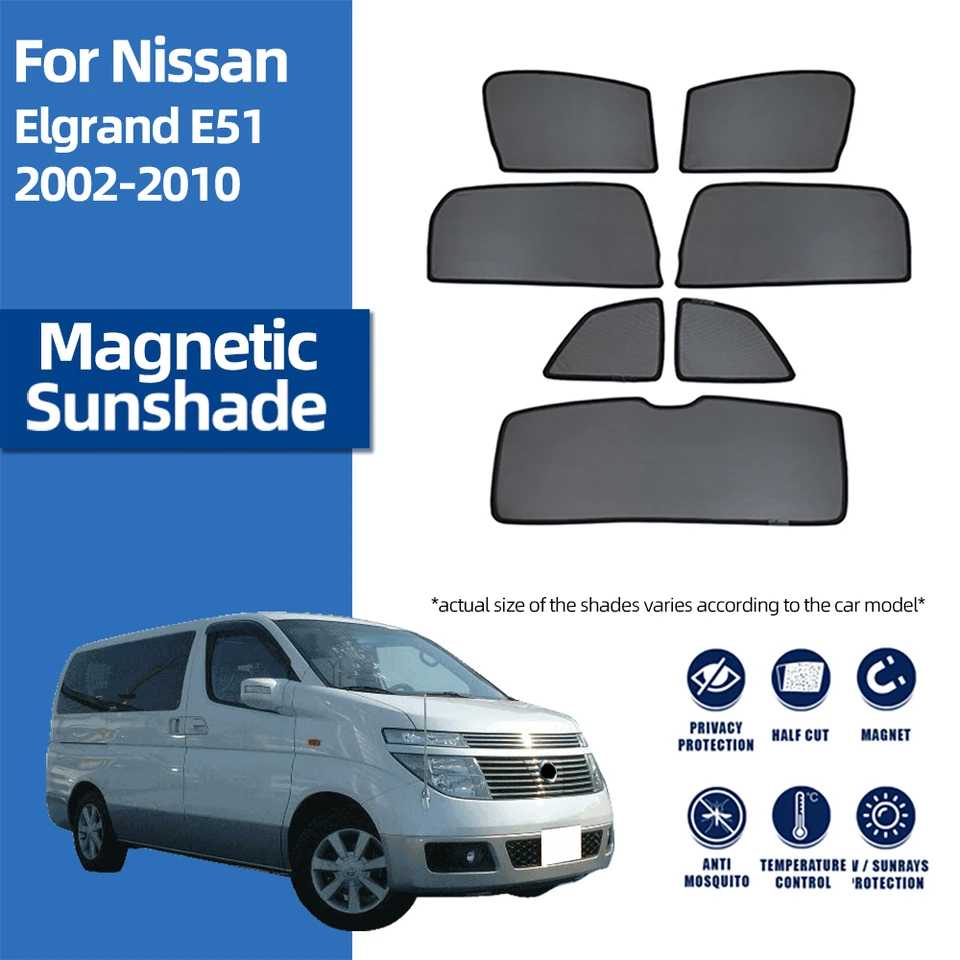 Pre Nissan Elgrand E51 2002–2010 Magnetická slnečná slnečná slnečná slnečná sklo predné sklo Zadné bočné sedadlo