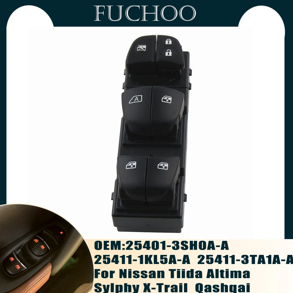 Pre Nissan Qashqai/Altima/Sylphy/Tiida/X-Trail Orange Lamp Automatické prepínač okenného okna, hlavný/predný/predný spínač pravého okna