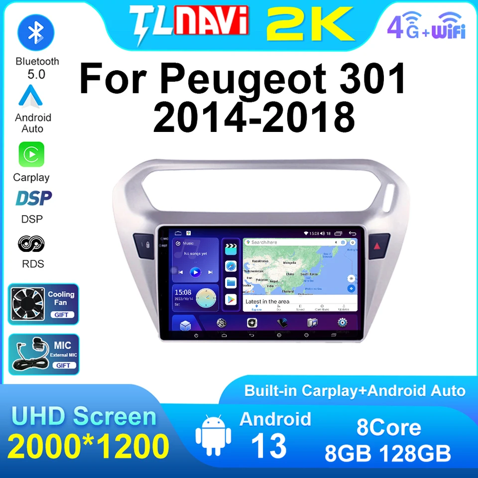 Pre Peugeot 301 Citroen Elysee Radio 2014 2015 - 2018 QLED 2000*1200 Android Auto Car GPS navigáciu Multimediálna hlavná jednotka hráča