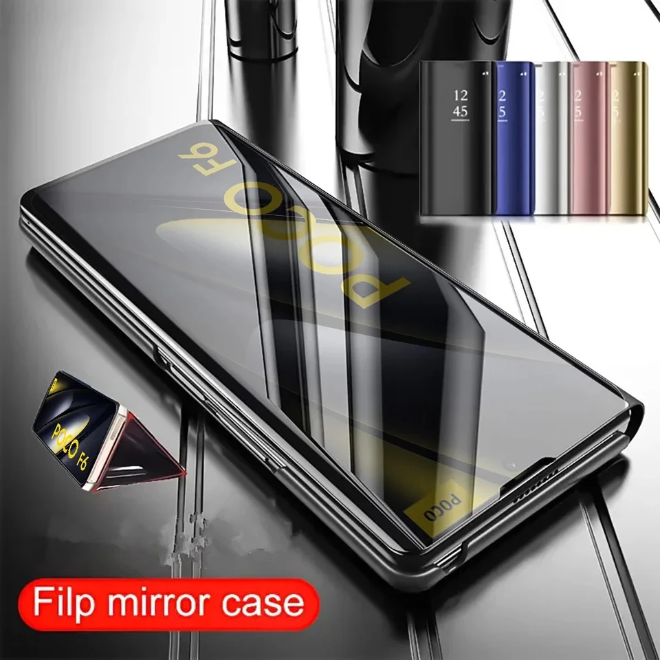 Pre Poco F6 X6 M6 Pro Flip Mirror Leather puzdro pre Poco M5S M5 M4 M3 X3 X4 F3 F4 GT F5 X5 PRO 5G S Držiak stojanu pre Poco M6