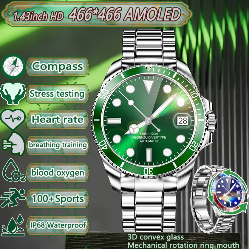 Pre Rolex Smart Watch 1,43-palcový 3D temperovaný sklenený sklenený HD 466*466 Zdravotné monitorovanie Compass Bluetooth Call SmartWatch 316 oceľové puzdro