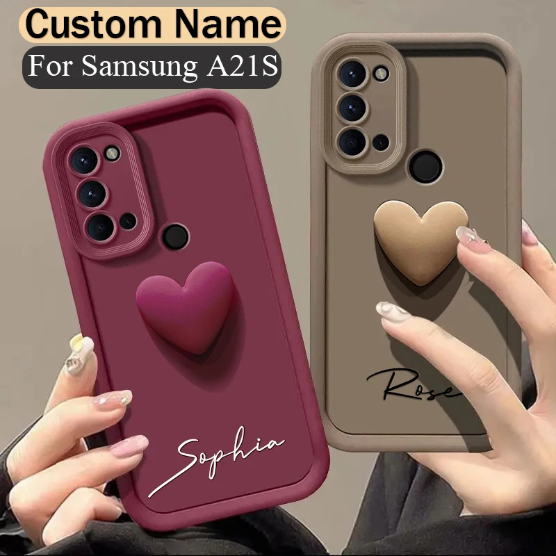 Pre Samsung Galaxy A21S Personalizovaný vlastný názov Case A21S 3D Love Heart Candy Bumper Cover A21S