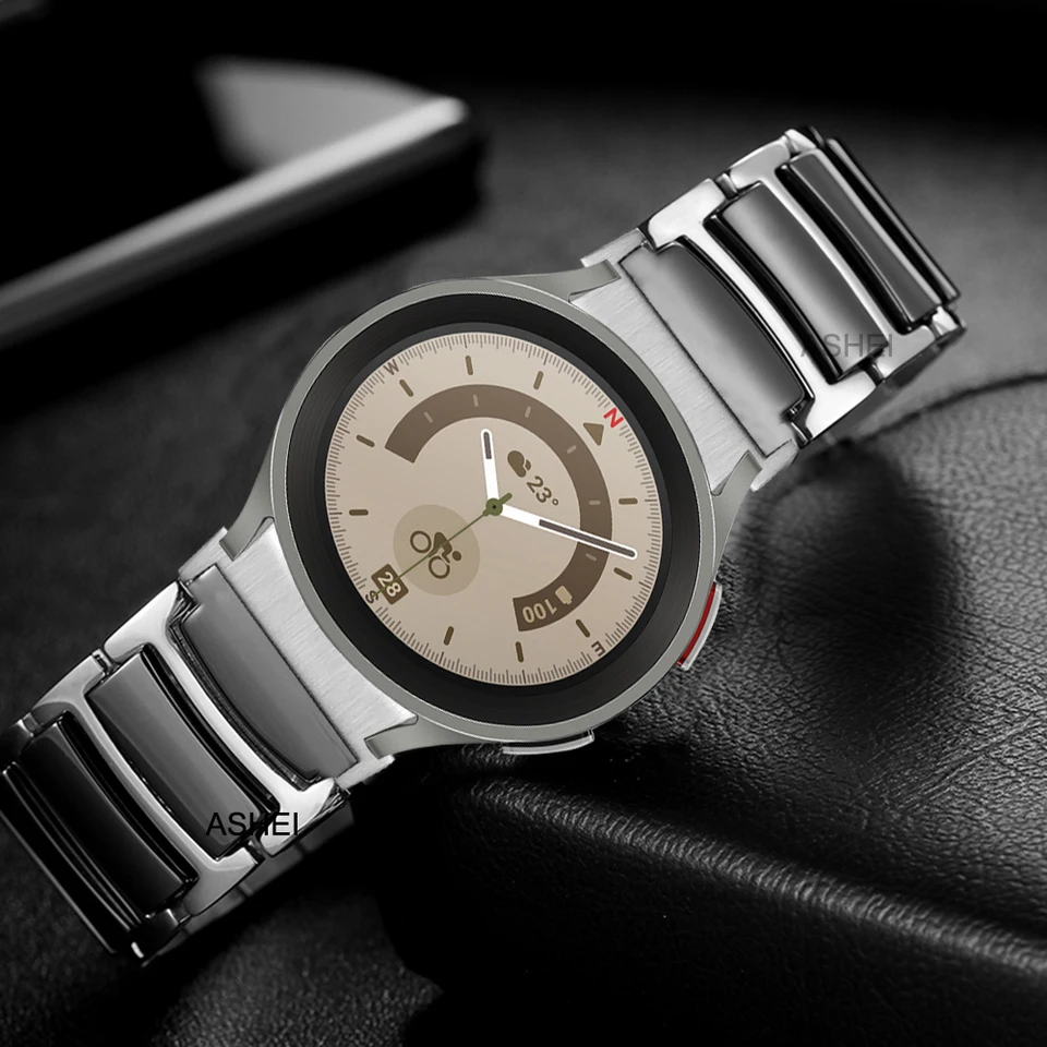 Pre Samsung Galaxy Watch 5 Pro 45 mm hodinky 4 5 44 mm 40 mm klasický 46 mm 42 mm bez medzier z nehrdzavejúcej ocele Keramický pásik Zakrivený koncový popruh