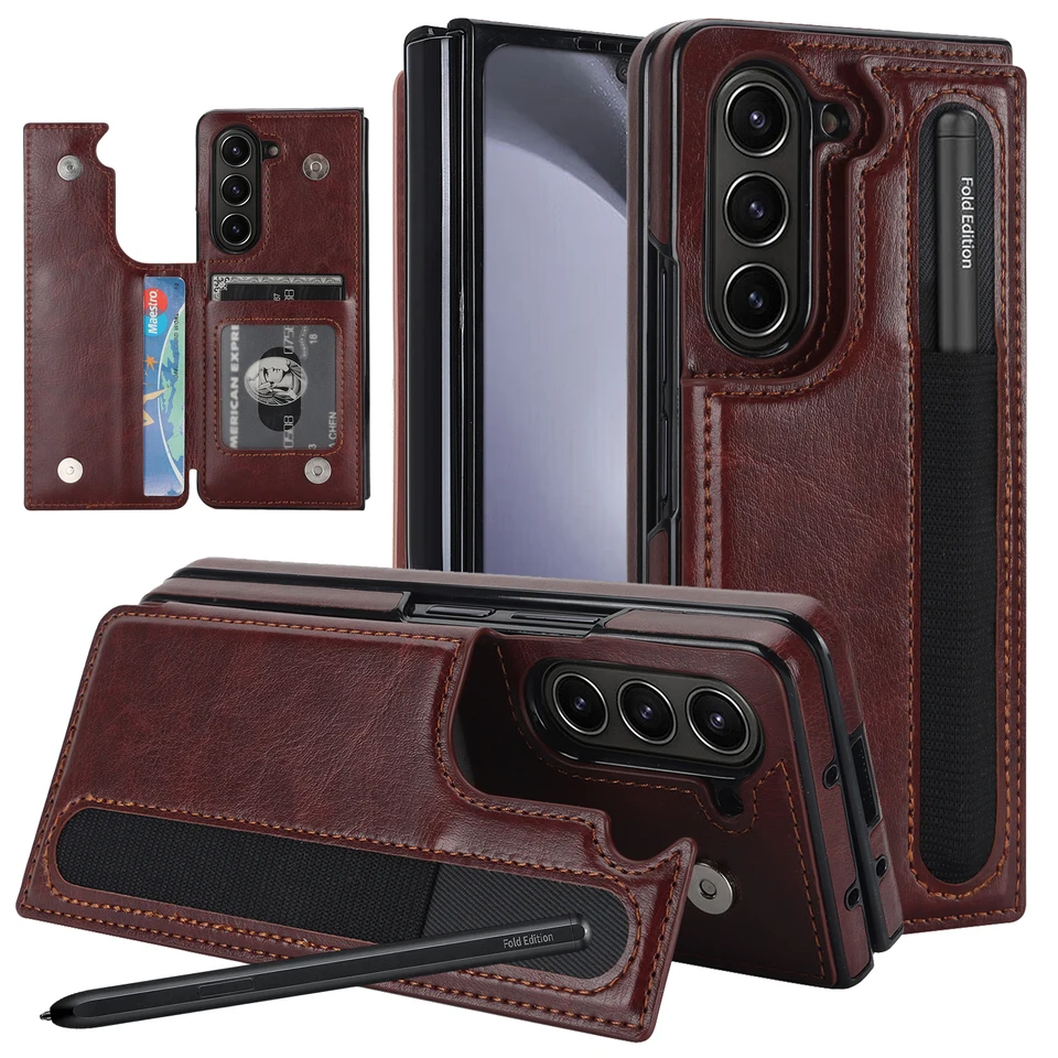 Pre Samsung Galaxy Z Fold 5 4 3 5G puzdro Luxusné vinobranie kožené pero slot Per Per Per peňaženka držiak na kartu držiak sklada