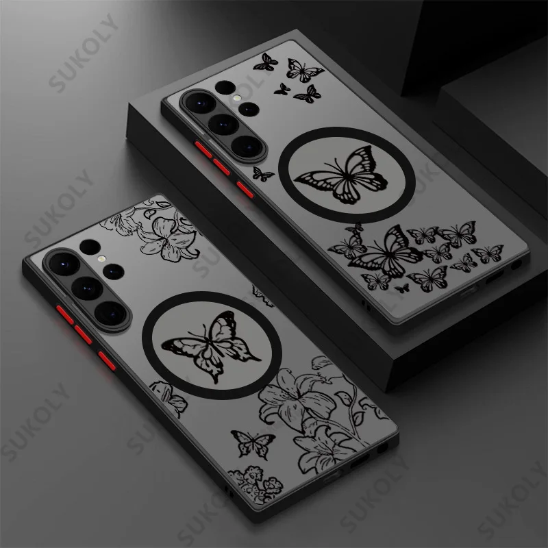 Pre Samsung S23 Ultra S22 S21 S23 Fe S24 Ultra Butterfly Patterner Puzdro pre Magsafe Shop odolné voči mäkkým okrajom tvrdého akrylového krytu
