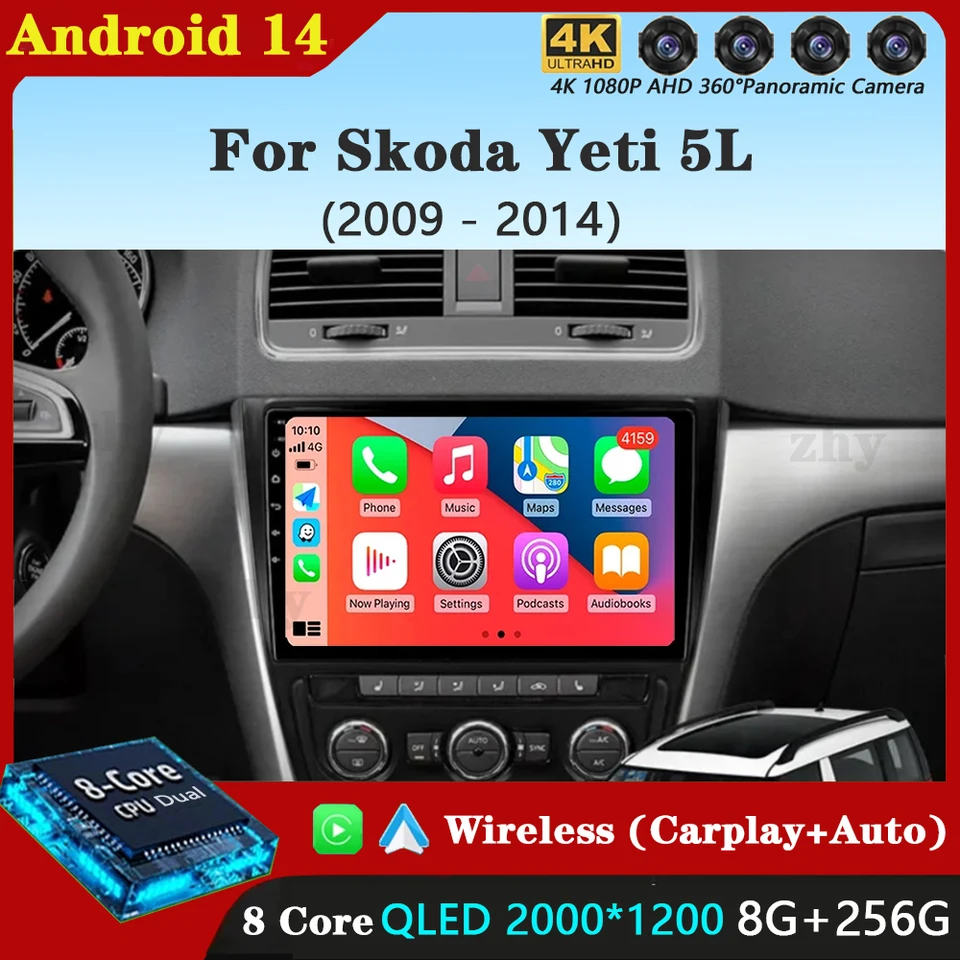 Pre Skoti Yeti 5L 2009 2010 2012 2012 2013 2014 10 palcov 8-jadro Android 14 Car Radio Stereo s rámom Auto Apple CarPlay QLED QLED
