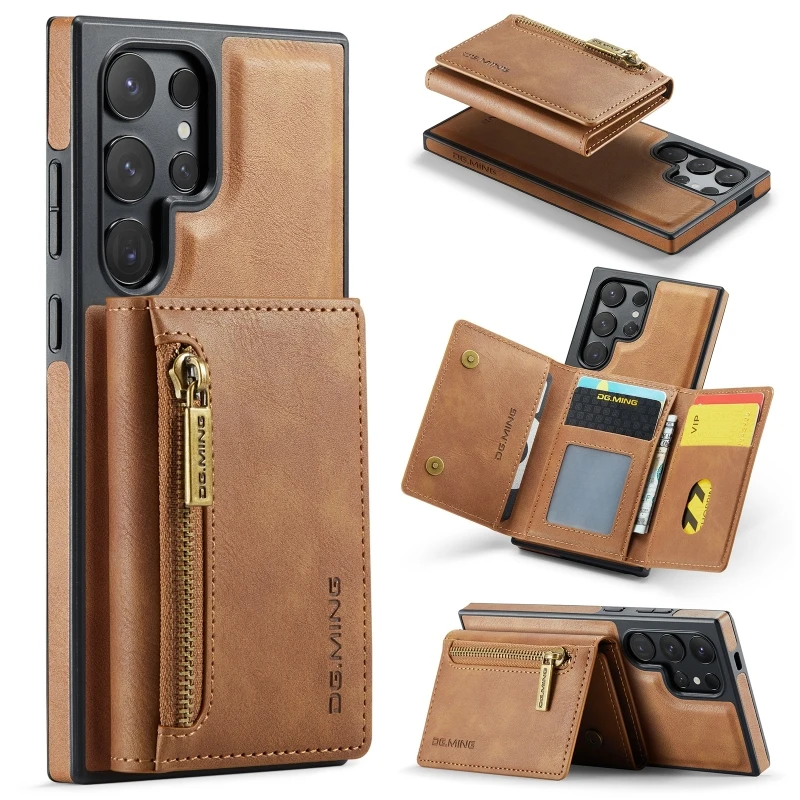 Pre spoločnosť Samsung Galaxy S24 S23 S22 S21 Ultra Plus Fe Case Case Drachable Cards Slot Leather Magnetic Zipper Peňaženka Kickstand zadný kryt