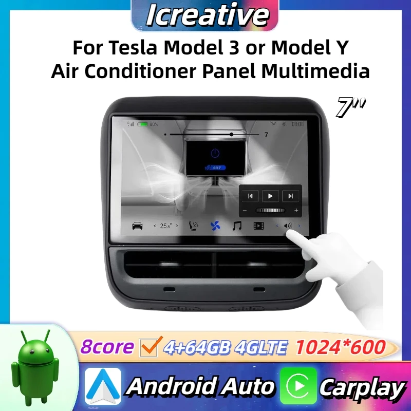 Pre Tesla Model 3 alebo Model Y Zadné sedadlá Displej 7 palcov Android Android Klimatizačný panel ovláda 4G 64G Multimedia Video Player
