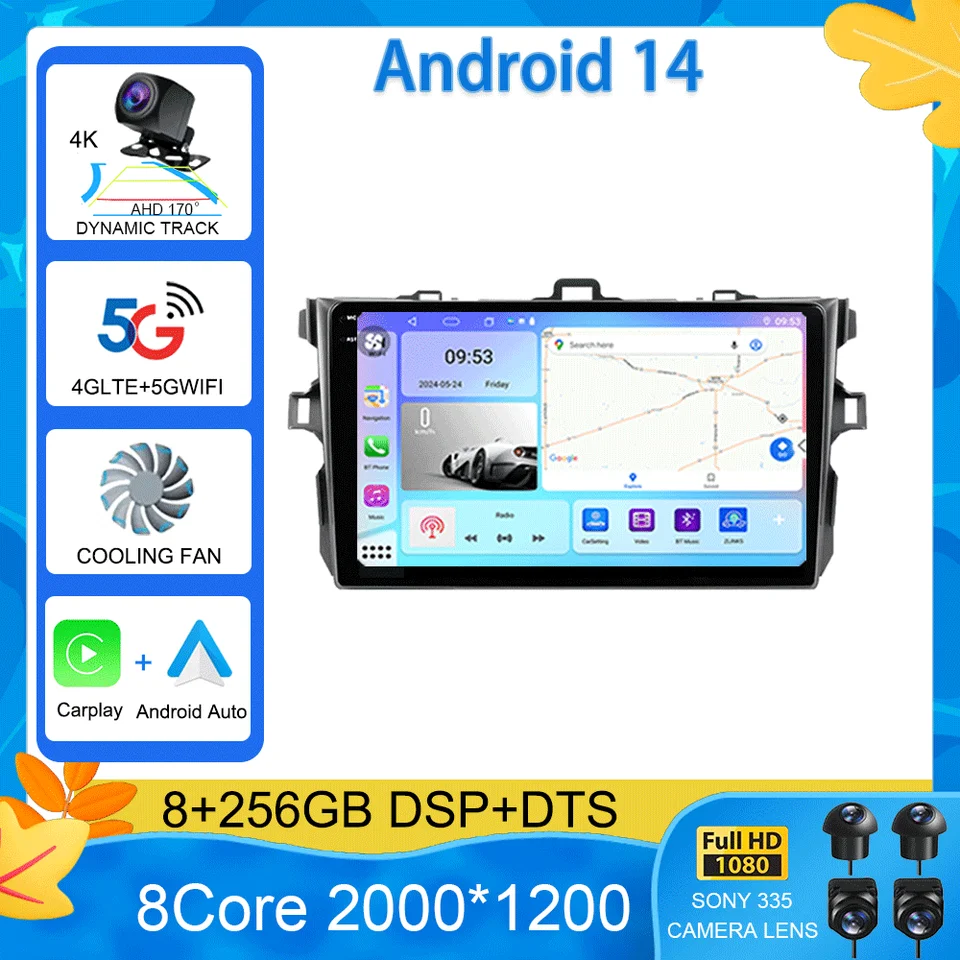 Pre Toyota Corolla E140 150 2006-2013 8 Core 2Din Android 14 Car Radio Multimedia Video Player Autoradio CarPlay GPS