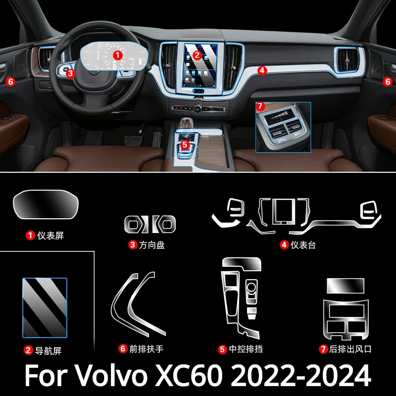 Pre Volvo XC90 XC60 2022-2024 Vnútorné príslušenstvo automobilu Film Priehľadné TPU Center Center Console Anti-Scratch Reso Bit