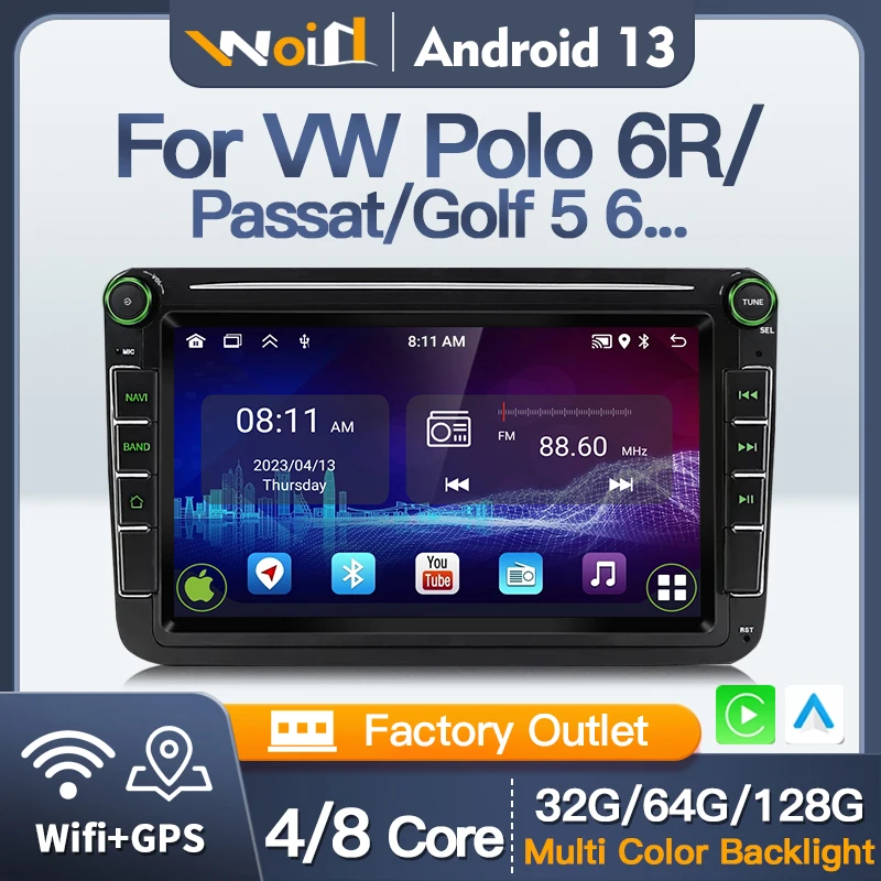 Pre VW Volkswagen Golf 5 6/Polo 6R Passat Android13 8 palcový CarPlay Android Auto GPS BT WiFi Car Radio Multimedia Player DSP 2DIN