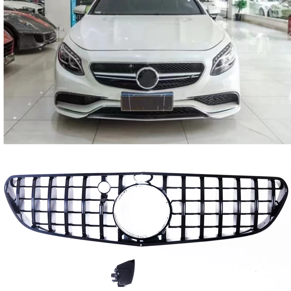 Predná mriežka grilu pre Mercedes Benz W217 S63-Coupe AMG 2015-2017 Iba GT štýl Čierny/strieborný horný nárazník kapuc