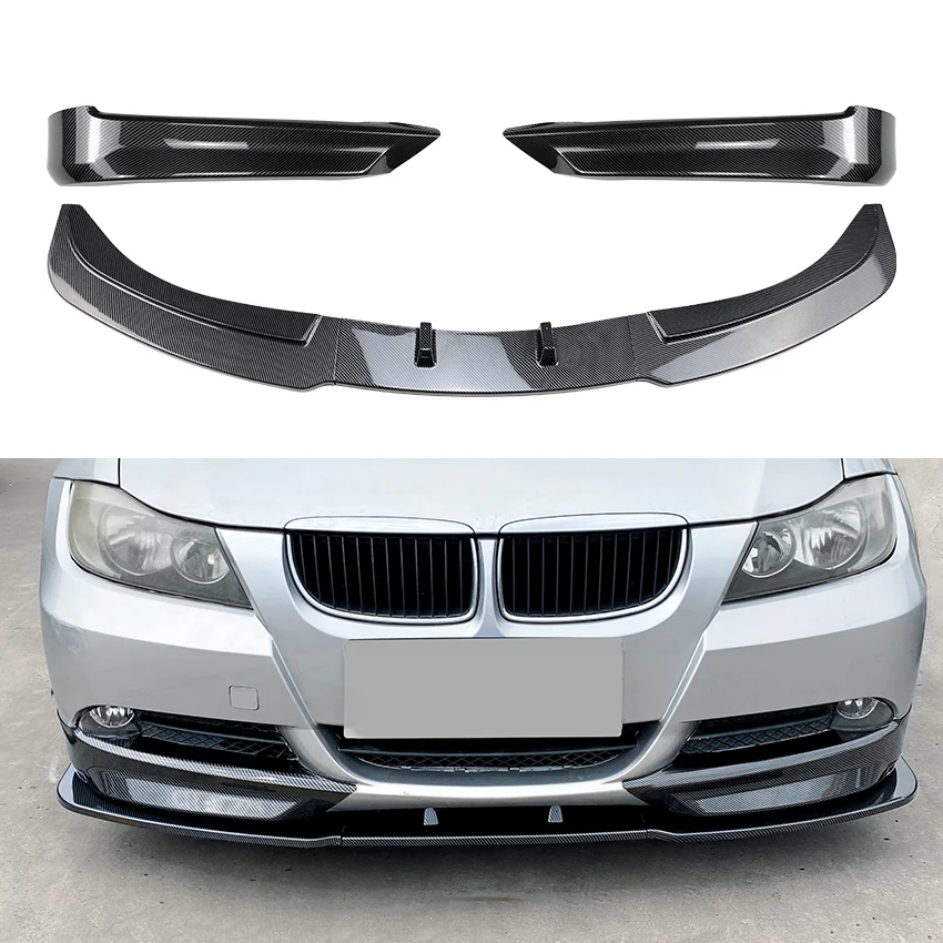 Predný nárazník Spoiler Lip+bočný pokrývka bočného splitter pre BMW 3 Series E90 E91 2005-2008 320I 330I Základné sedanové uhlíkové vlákno Look Look Blade Kit