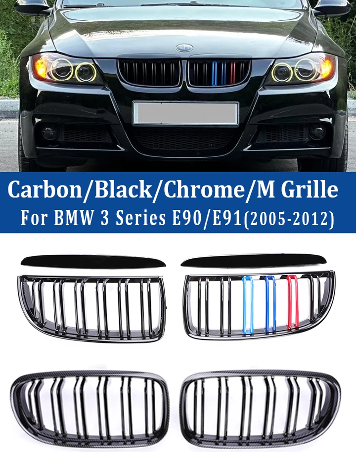 Predný nárazník z uhlíkových vlákien láskavo facelift mriežkový kryt, ktorý sa stará o čierny m farebný závodný gril pre BMW 3 Series E90 E91 2005-2012