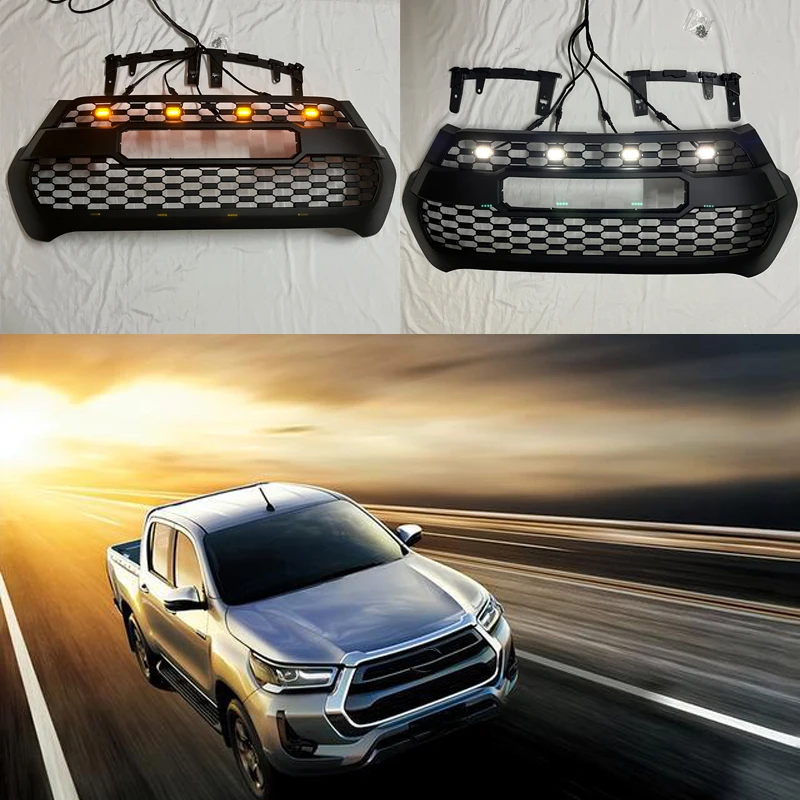 Predný závodný gril pre Toyota Hilux Revo 2021 2022 2023 Príslušenstvo s pokrývkou mriežky LED Raptor Grille Black Bumper Mask Mesh