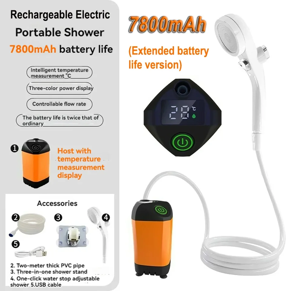 Predĺžená výdrž batérie Prenosná sprchová hlava 4800 mAh/7800 mAh inteligentné nabíjanie integrované čerpadlo vonkajšie kempingové elektrické sprcha