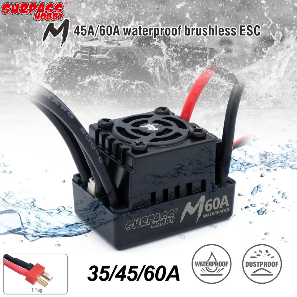 Prekonať hobby 60a 45a 35a vodotesný ESC Speed ​​Controller T Plug 2-3s pre motor bez kefy 1/10 1/12 1/14 1/16 RC Auto