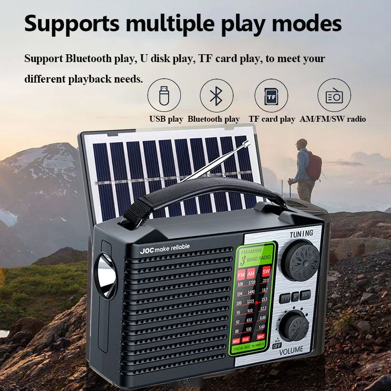 Prenosná celá skupina Radio Solar Power FM Am SW Radios Wireless Bluetooth Hudobný prehrávač so silným LED svetlom nabíjateľnú batériu
