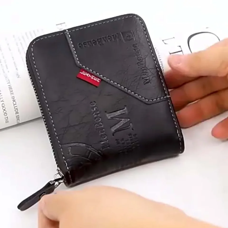Prenosná kožená koža s krátkym zipsom peňaženka Multi-karta retro mužská minca s kabelkou zips vodotesná tri-násobná trojuholníková karta peňaženky