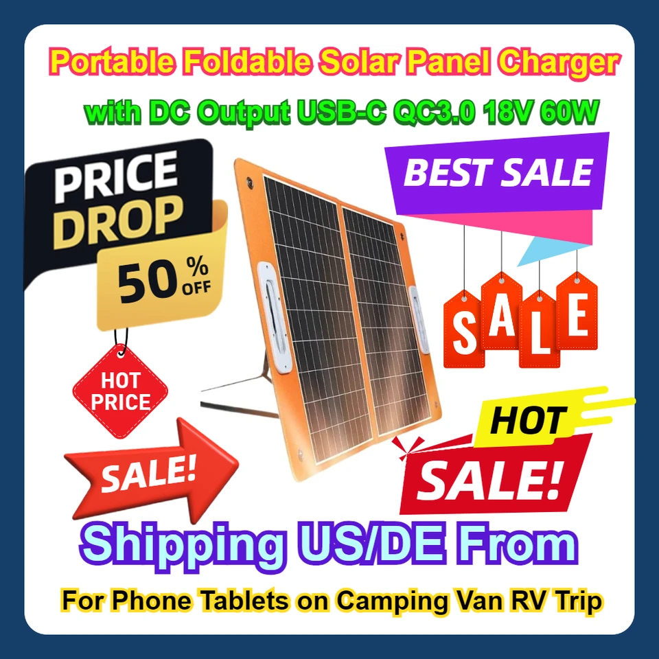 Prenosná skladacia nabíjačka solárnych panelov s DC výstupom USB-C QC3.0 18V 60W pre tablety na telefón na kempingu van rv výlet