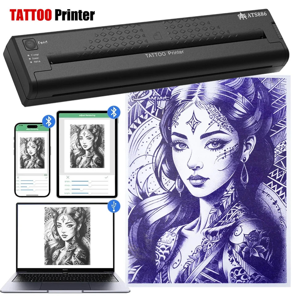 Prenosná tepelná tlačiareň Bluetooth Wireless Tattoo Prenos stroja kresliaca fotografia Stencil Maker TLAČ