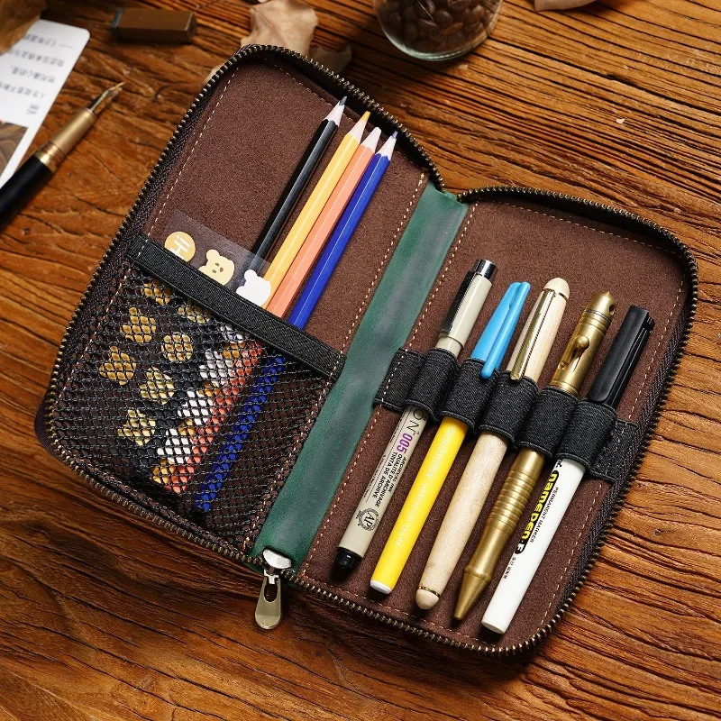 Prenosná šialená koňa kože zips ceruzka s taškou Retro peráš Škola Študenti Cowhide Tack Taška s 5 slotmi pera veľkoobchod