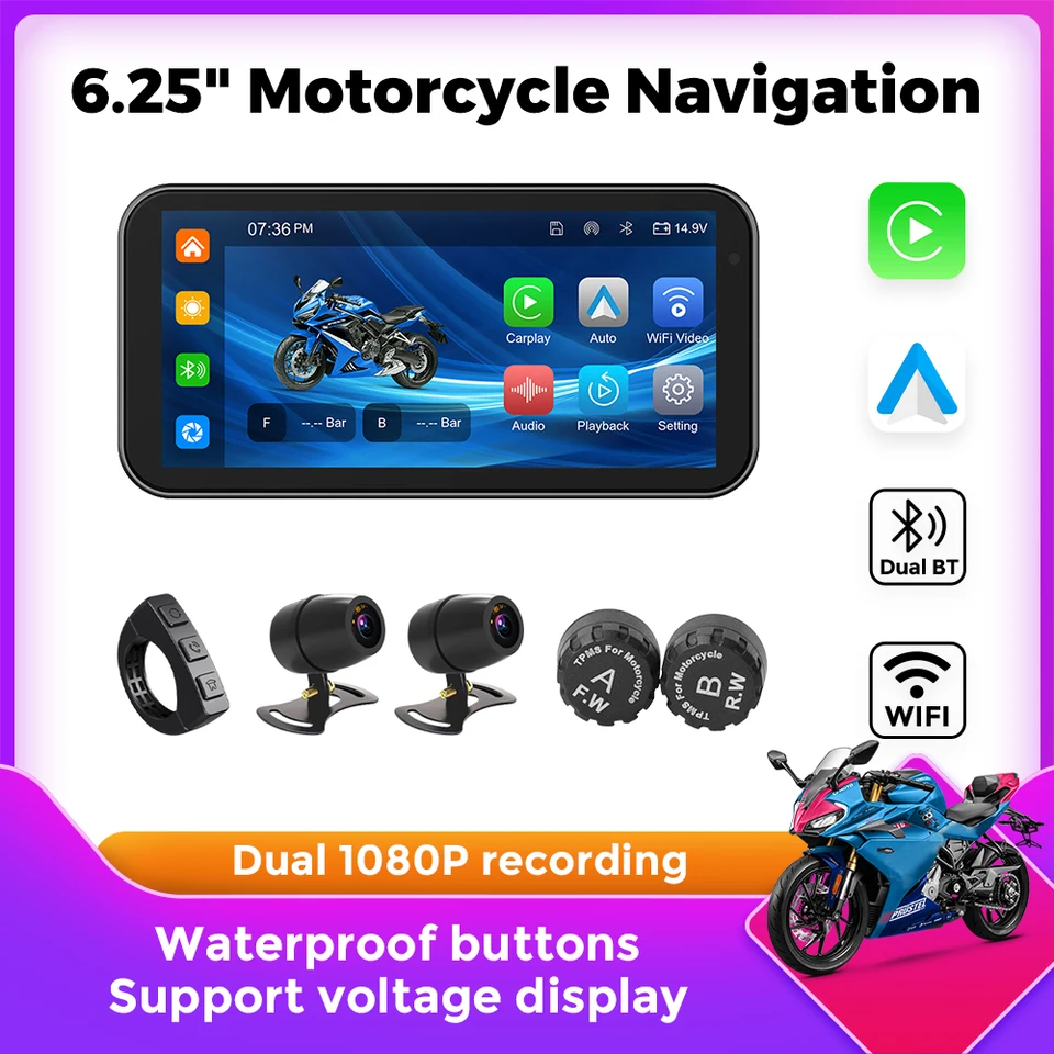 Prenosný 6,25 palcový navigačný motocykel nepremokavá CarPlay Display Display Screen Motocykel Wireless Android Auto Monitor Dual BT WiFi