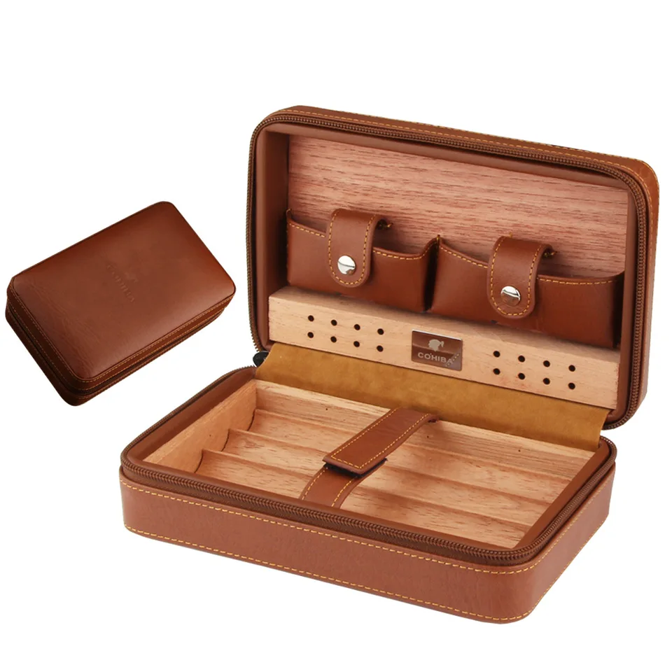 Prenosný céder prenosný céder drevo cigaru Cigar Box Cestovné kožené cigarety Skladovanie