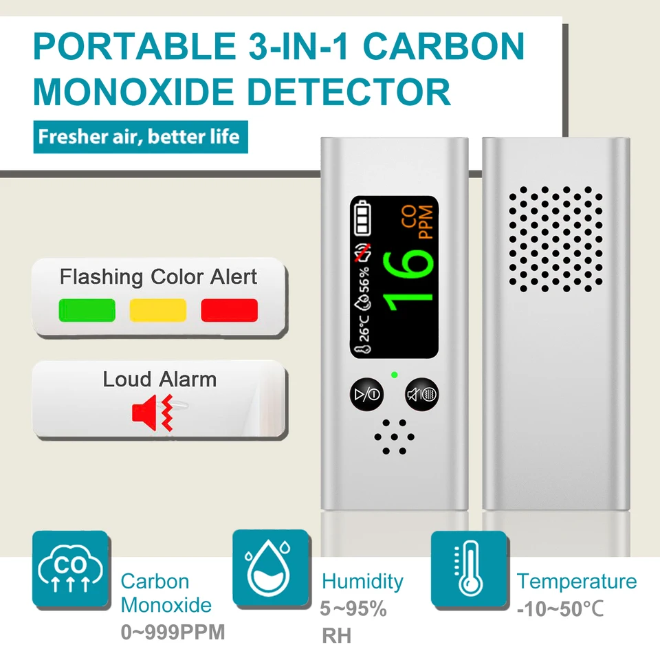 Prenosný monitor kvality ovzdušia 3 v 1 CO TEMP vlhkosti tester LCD zobrazuje detektor oxidu uhoľnatého oxidu
